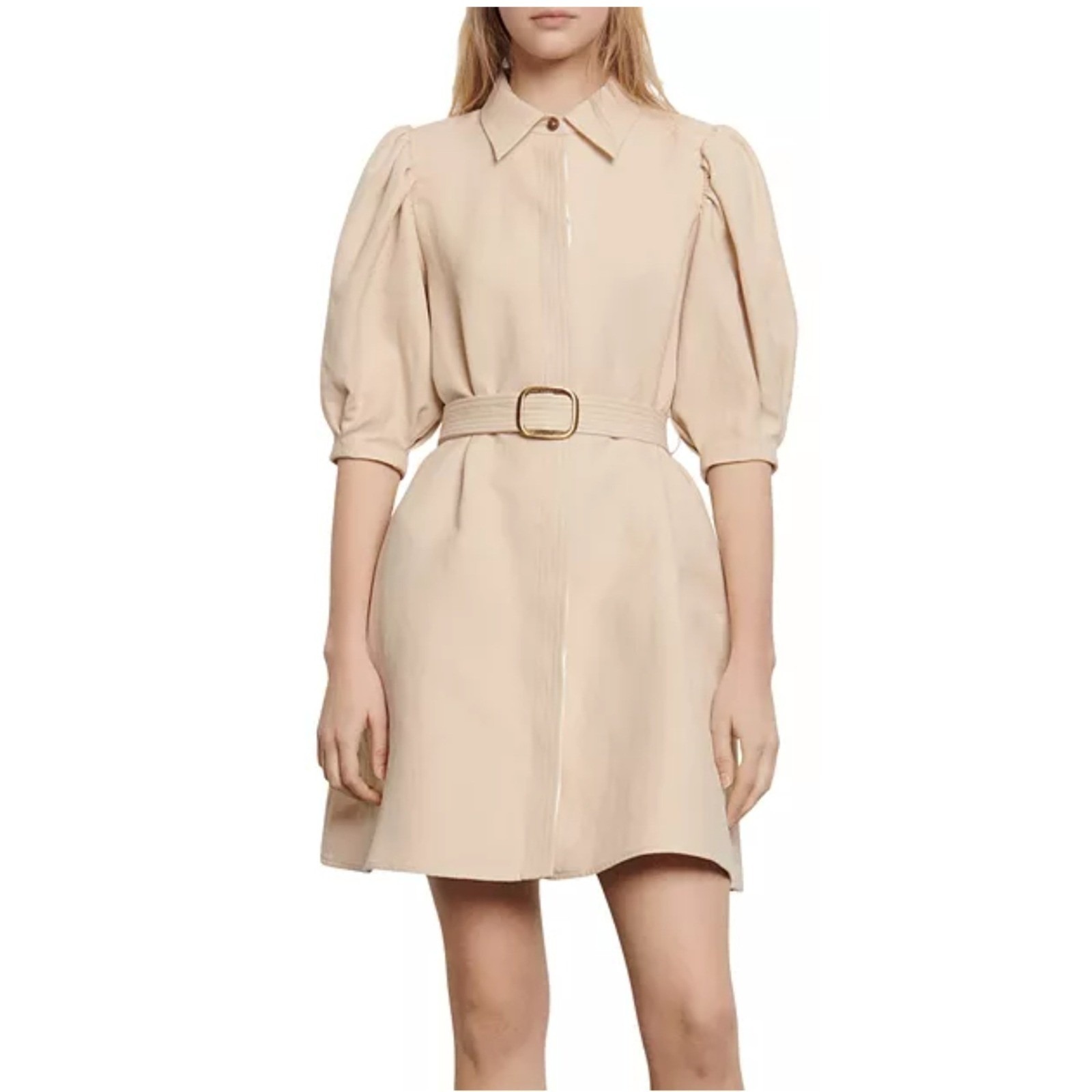 Sandro Paris Beige Cotton-Linen Belted Puff Sleeve Dress Sz4 Quiet Luxury Preppy